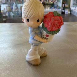 Precious Moments Boy Holding “I Love You” Flowers Pot