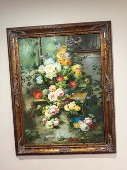 Large vintage floral painting on canvas in ornate frame