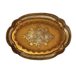 Vintage Antique OFM Florence Italy Gold Ornate Oval Wood Tray 11.5 Inches