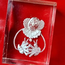 Vintage CLOWN carving In LUCITE Block ART Piece 