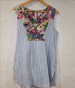 Aratta Silent Journey Blue Stripe Floral VNeck Sleeveless Blouse Top Boho Small
