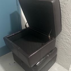 Pair of Dark Brown Leather Storage Ottomans