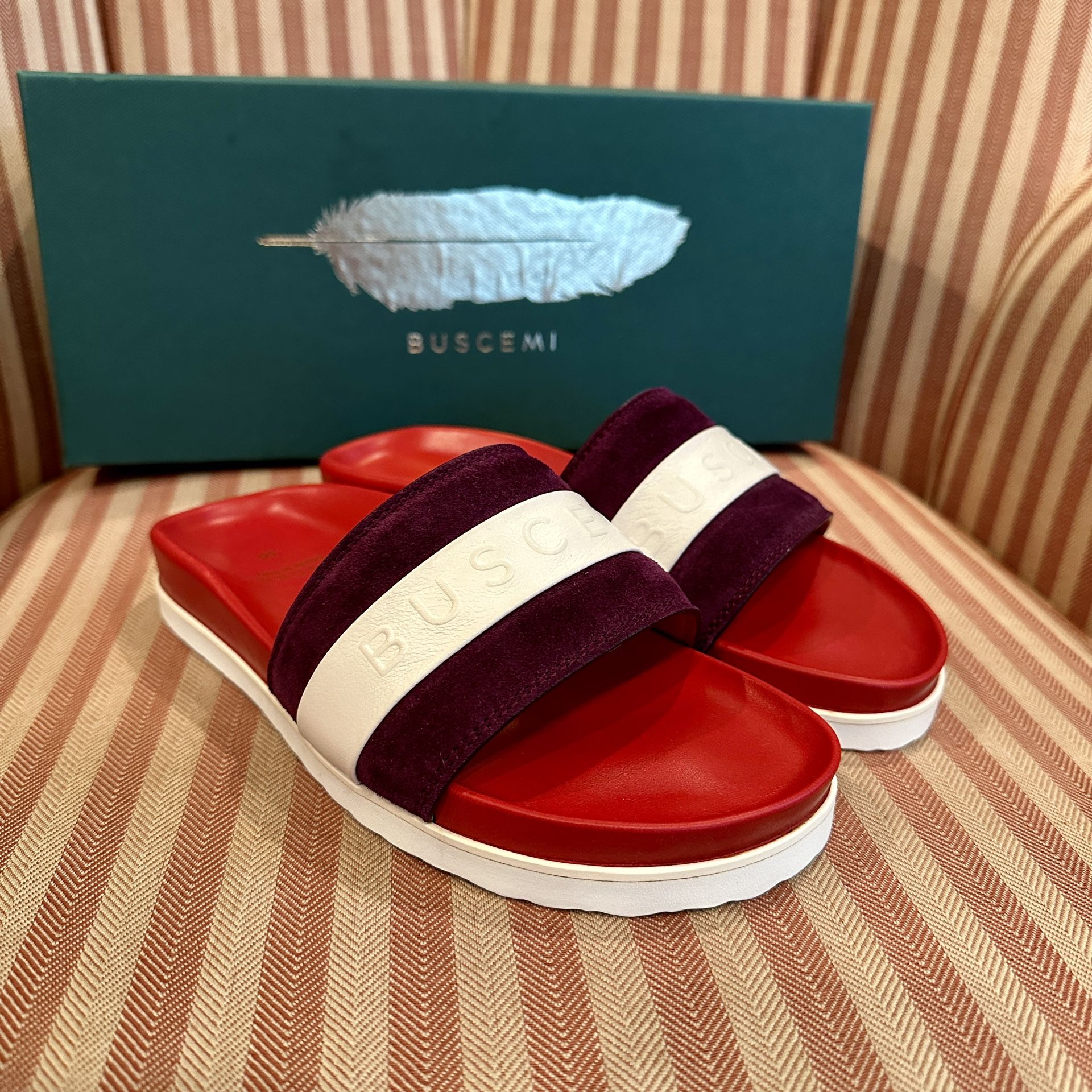BRAND NEW Buscemi Luxury Slides Sandals Red / Purple / White sz 6