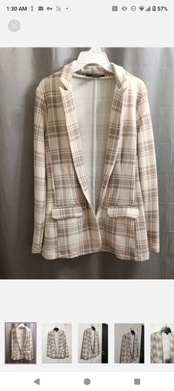 Women’s Plaid Open Front Blazer Jacket - Cream & Tan