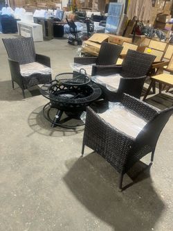 5-PCS Patio Rattan Furniture Set Black Cushioned Sofa Chair With 40-inch Wood Burning Fire Pit with Stainless Steel Cooking Grate $299 š„š„š„Second L