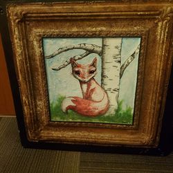 Original Fox Painting On Antique Tin Ceiling Tile