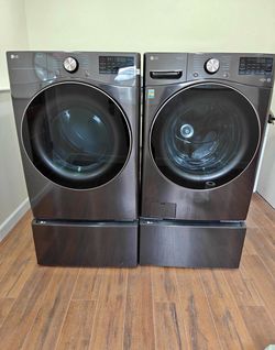 LG ThinQ Front Load Washer & Dryer Set w/ Pedestals...