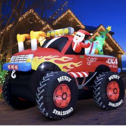 8 foot-long Christmas inflatable features Santa Claus driving a monster truck. 