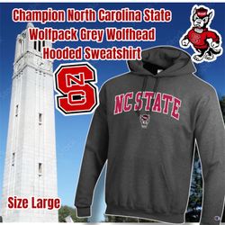 North Carolina State Wolfpack Champion Grey Wolfhead Hooded Sweatshirt, Size Large