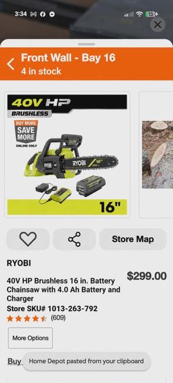 RYOBI 40V HP Brushless 16 in. Battery Chainsaw with 4.0 Ah Battery and Charger