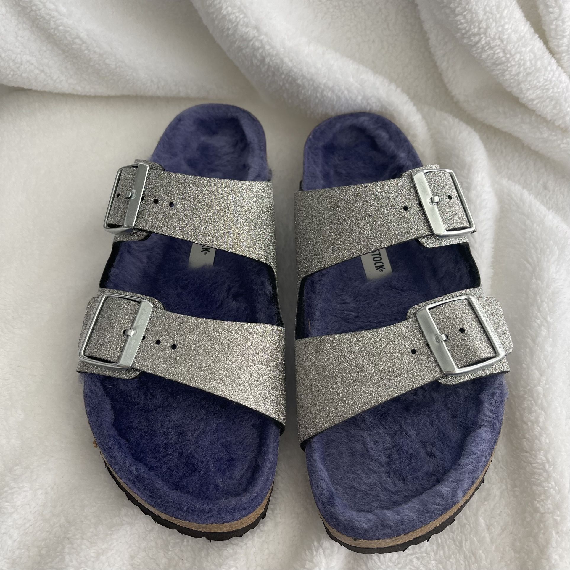 BIRKENSTOCK Arizona Glitter Dust Silver Purple Slide Slippers Size 9