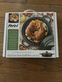 Parini 8 inch Cast Iron Grill Pan With Lid Enameled Cookware New In box, $28