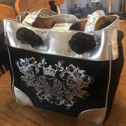 Black Felt / Silver Heart Crown Rhinestone Tote Purse w/ Bow Tie Is Good Size