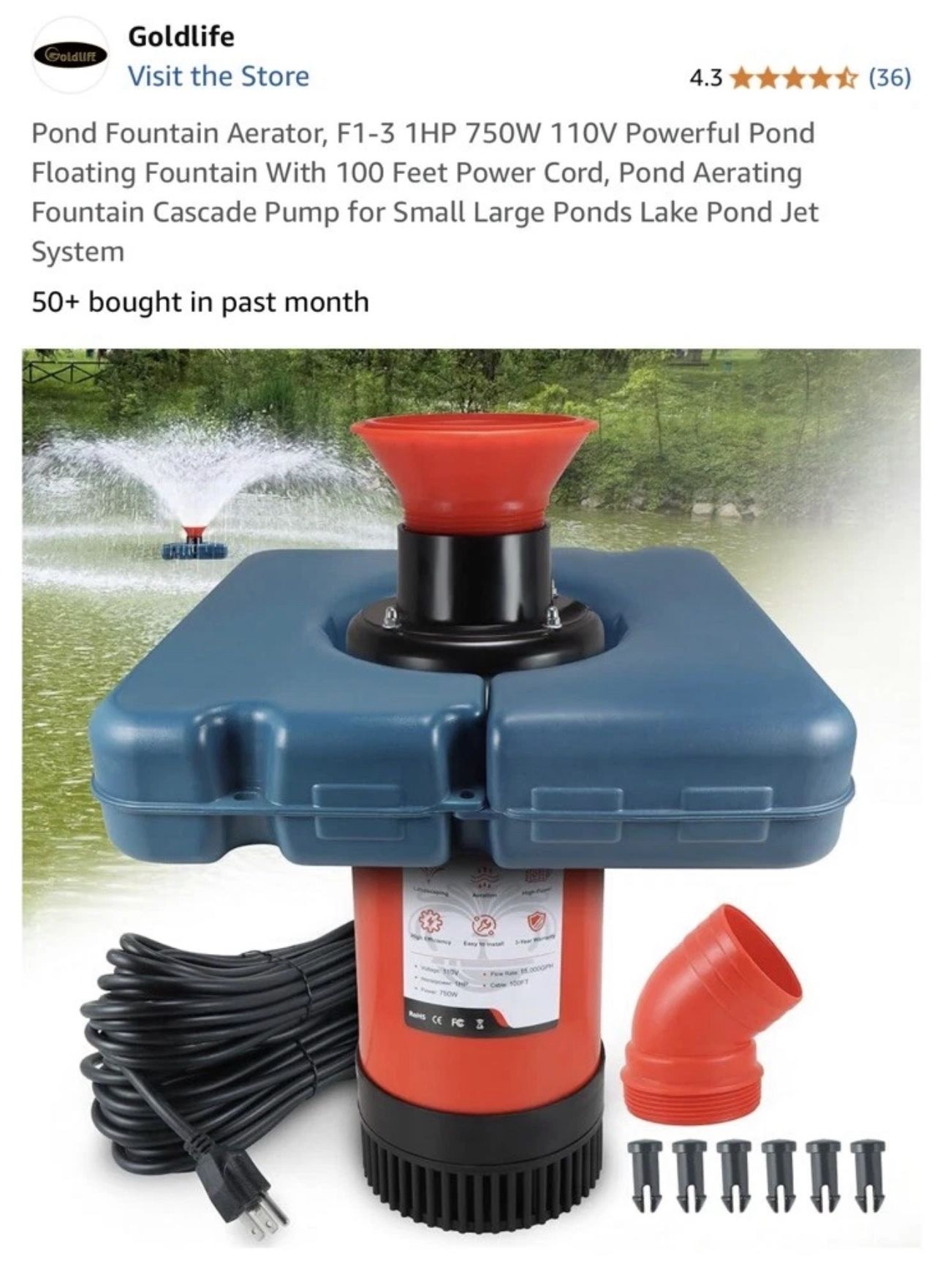Goldlife Pond Fountain Aerator 1 HP, 110 V 750 KW Powerfui Pond Floating Fountain with 10