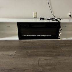 Floating Fire Place W/ LED Lights, Round Dinning table, And 3 Barstools 