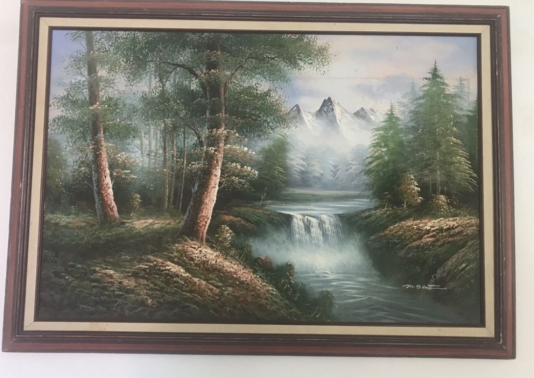  Oil On Canvas Nature Scape Mountain View Forest Waterfall Painting M. Scott.