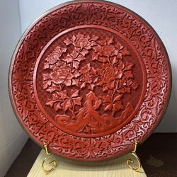 Antique Chinese Cinnabar Plate With Brass Rim 