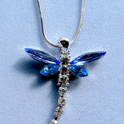 Crystal Dragonfly Necklace On Snake Chain- Blue & Clear Crystals *Ship Nationwide Or Pickup Boca Raton
