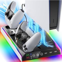 PS5/PS5 Slim Stand for PS3 Skins with Adjustable Cooling Fan, Vertical PS5 Cooling Stand for PS5/PS5 Slim, Multifunctional PS5 Cooling Station with Du