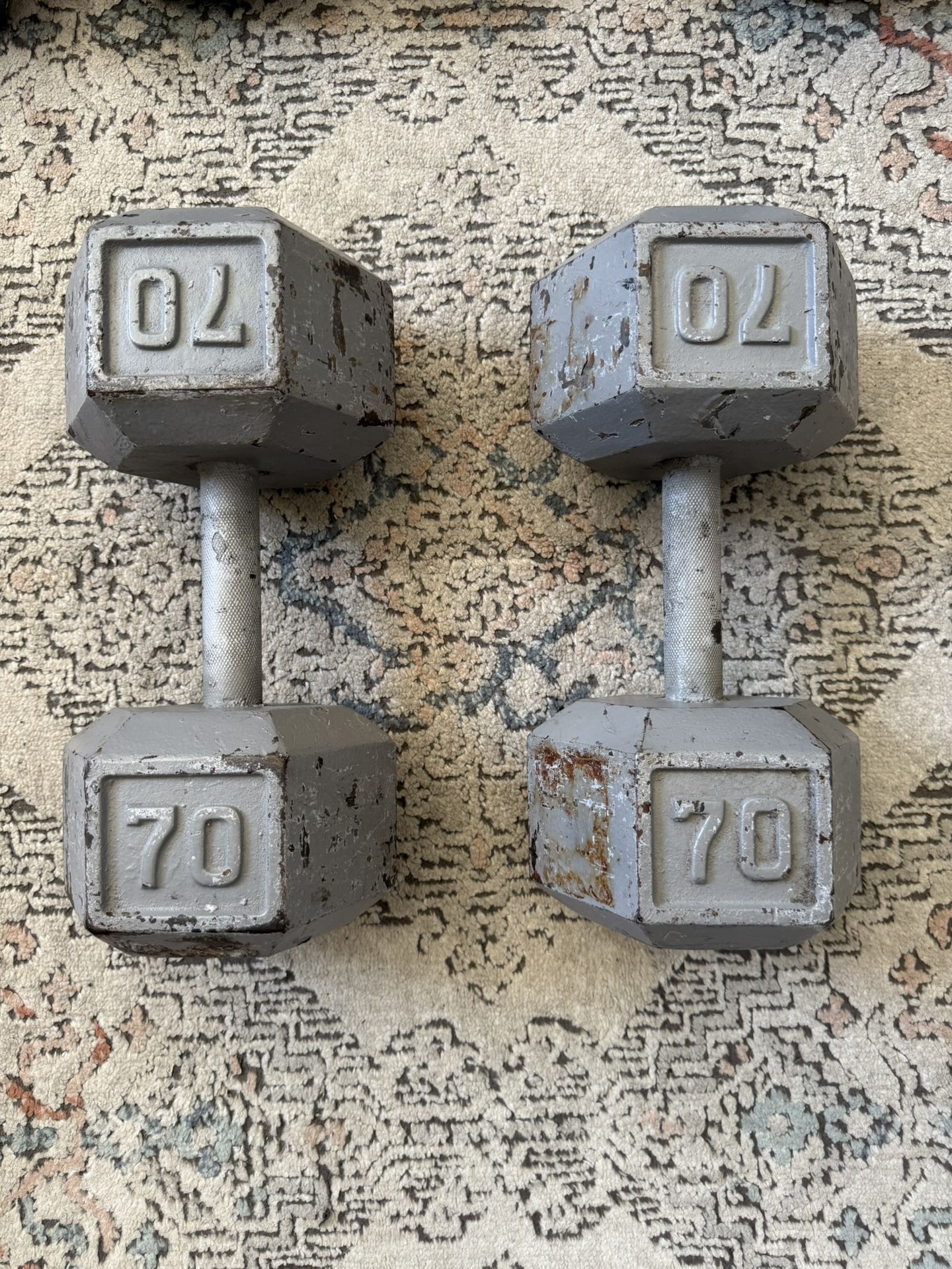 Pair of 70 lb Hex Dumbbells