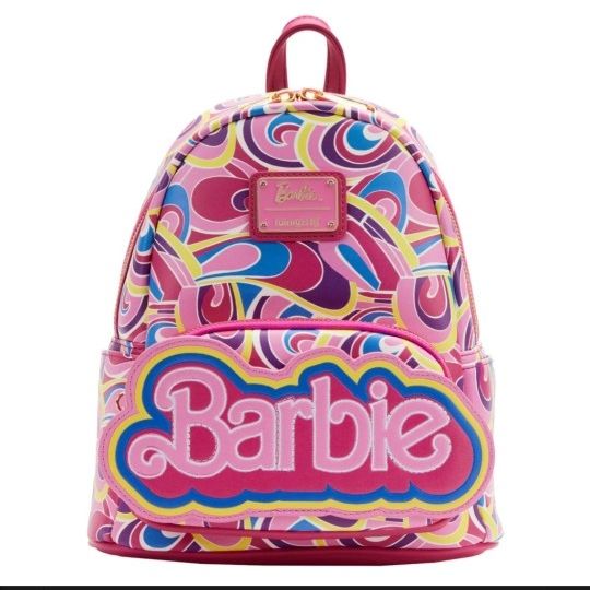barbie loungefly mini backpack The Movie Logo Double Strap Featuring pastel pink and blue hues Loungefly Barbie Backpack