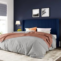 King Size Velvet Bed Frame/Vertical Channel Tufted Wingback Headboard/Upholstered Platform Bed/Strong Wooden Slats/No Box Spring Needed/Easy