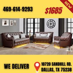 Brown Leather Sofa Loveseat Chair All 3pcs With Pillows 
