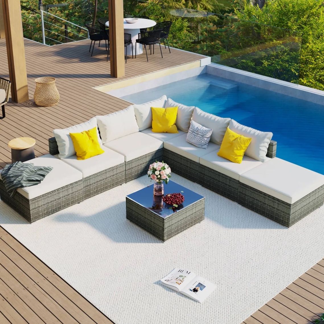 8-Piece Gray Wicker Outdoor Patio Sectional  w/ Beige Cushions  [NEW IN BOX] **Retails for $1825