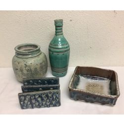 Vintage Art Clay Pottery Collection - 2 Vases, Square Trinket Holder, Desk Mail Organizer