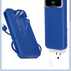 aonidi Portable Charger 12000mAh with Built-in Cables&AC Wall Plug, Navy PD20W USB C Fast Charging,LED Display External Travel Power Bank,TSA approved
