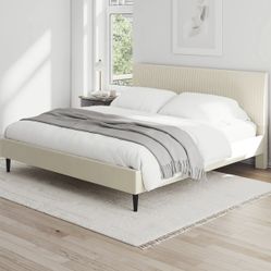 Mainstays Vera Upholstered Velvet Platform Bed, No Box Spring Required, King, Cream