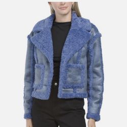 Brand New Woman’s 7 For All Man Kind brand Blue Faux Suede & Sherpa Jacket Up For Sale 