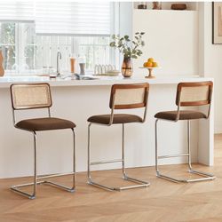 New in box Natural Rattan Counter Height Stools Set of 3 with Solid Wood Back, 24 Inch Mid Century Modern Cesca Bar Stools, Brown Upholstery Boho Stoo
