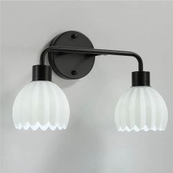Black 2-Light Bathroom Vanity Light – Milk White Flower Glass Shades, E26