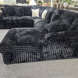 Brand New Black Jumbo Soft Cordurory Sectional With Pullout Sofa Amd Storage Chaise (123.03" x 97.64" (66.93" Chaise) x 38.19" H
(SEAT HEIGHT: 18.90")