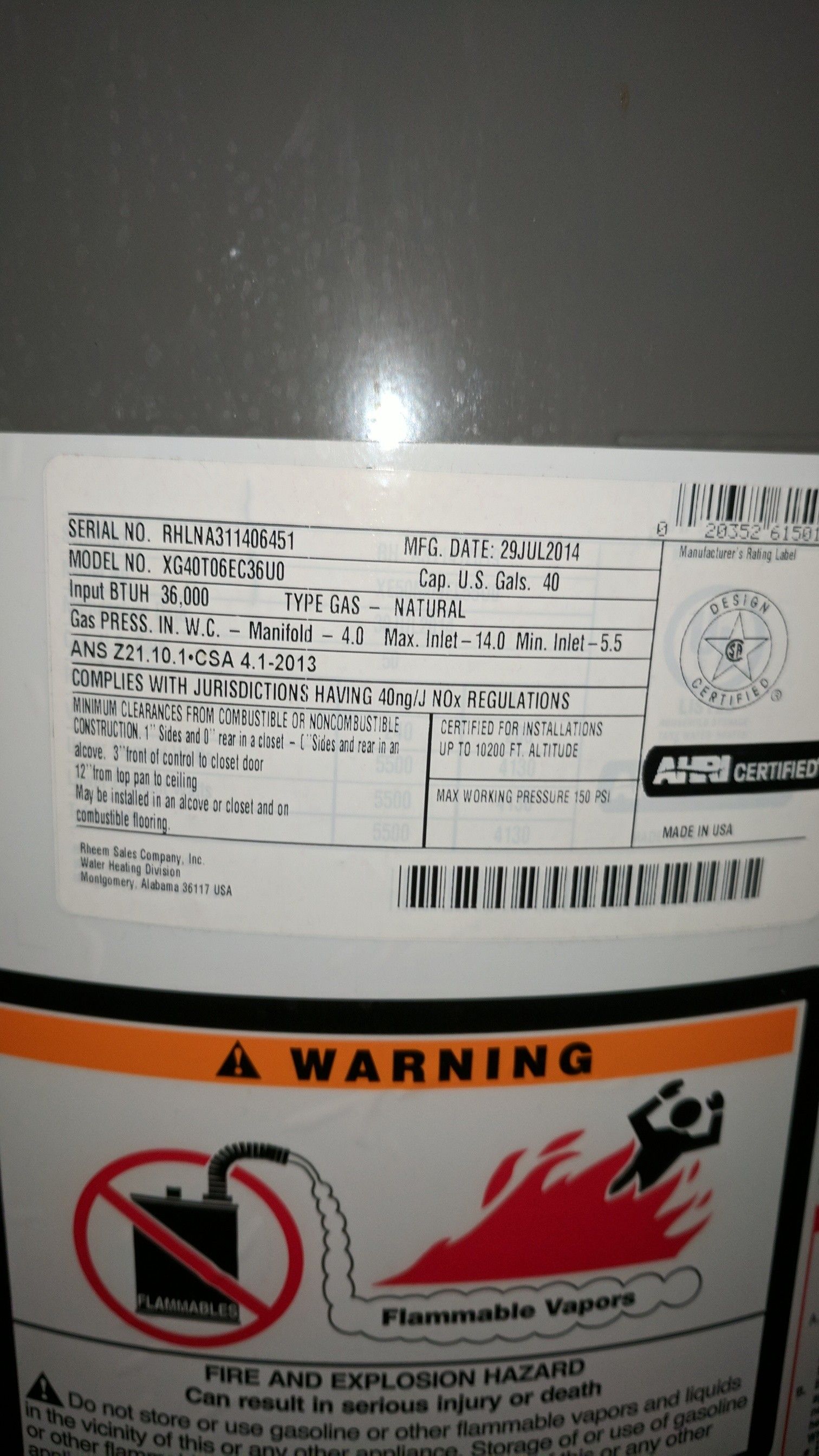 Water heater 40 gal. Gas Like New