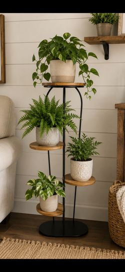 Wood And Black Metal Multi-tier Plant Stand