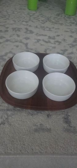 5-Piece Mid-Century Modern Style Condiment / Appetizer Serving Set, consisting of four ceramic ramekins resting on a matching wooden serving tray.