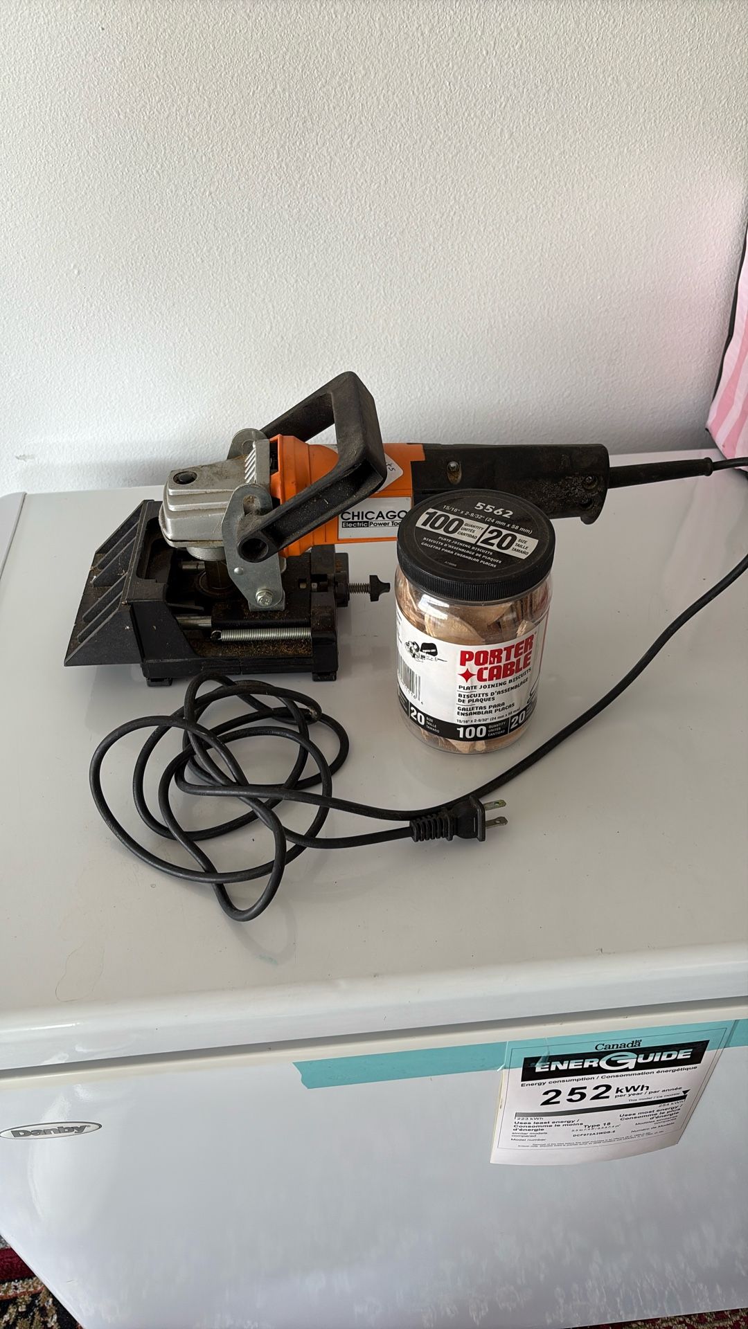 Biscuit Joiner With Jar Of Plate Jointing Biscuits