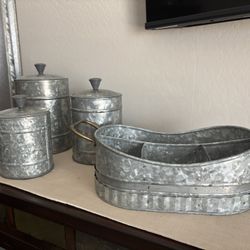 Galvanized Canisters and Tray