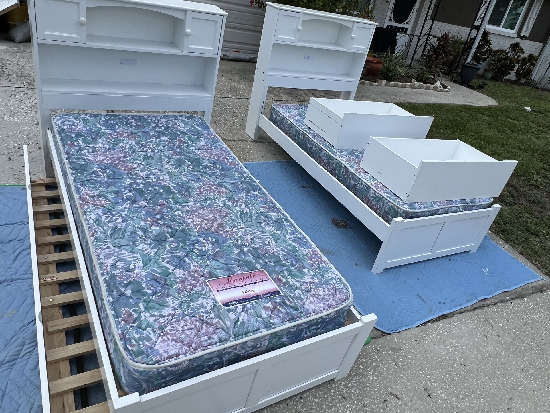 White Twin Beds, With Cabinets And Trundle
