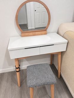 Moving sale! VASAGLE Vanity Set with Round Mirror & Stool in white.