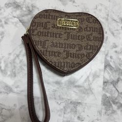 Juicy Couture Gothic Logo Chestnut Chino Gold Heart Coin Purse Wristlet 5.25"x5"