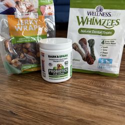 Bark and Spark Digestive Enzymes Prebiotics for Dogs (120ct), Wellness Whimzees Natural Dental Treats (24ct), and Pur Luv Jerky Wraps Sweet Potatoe wr