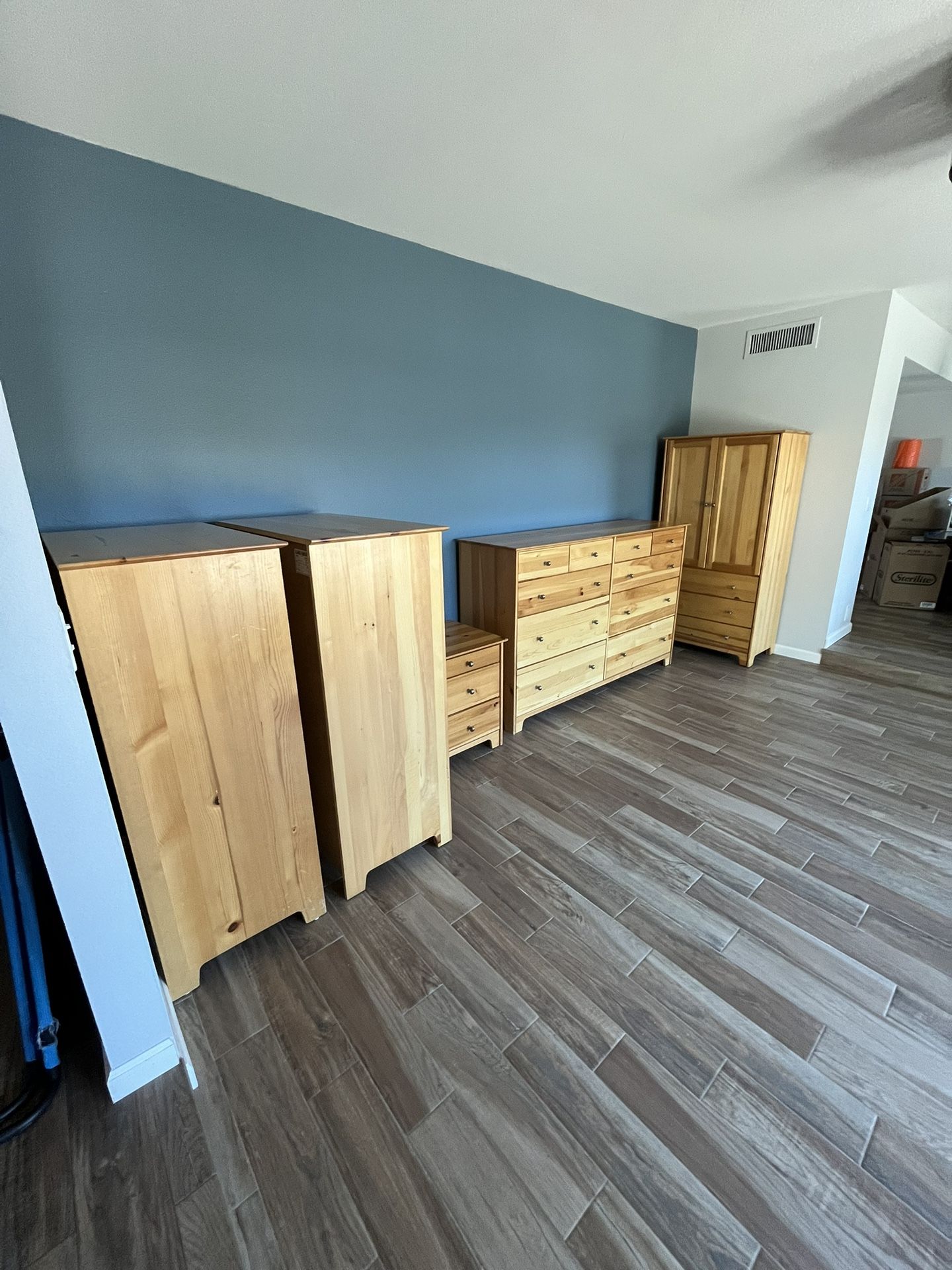 Complete 100% All Pine Wood Bedroom Set.  3 Dressers - 1 Armoire - 1 Side Table - 100% All Pine Wood - From All-Wood Furniture - $875