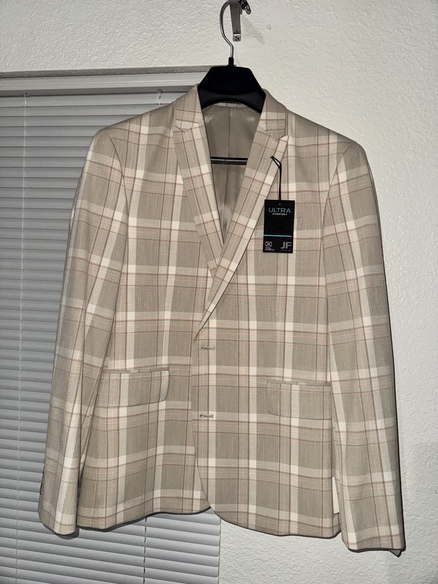J. Ferrar Mens Slim Tan Plaid Classic Fit Sport Coat