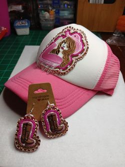 Handmade beaded Truckers Hat and hand beaded earrings