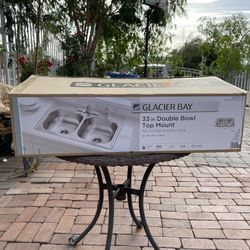 Glacier Bay 33 in. Drop-In 50/50 Double Bowl 20 Gauge Stainless Steel Kitchen Sink with Faucet and Sprayer