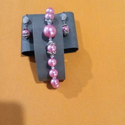 8 inch Handmade Pink & Crystal Beads Bracelet and Earring Set