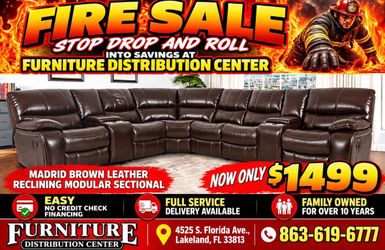Madrid Brown leather reclining sectional now only $1499. Easy finance option and full service delivery available.